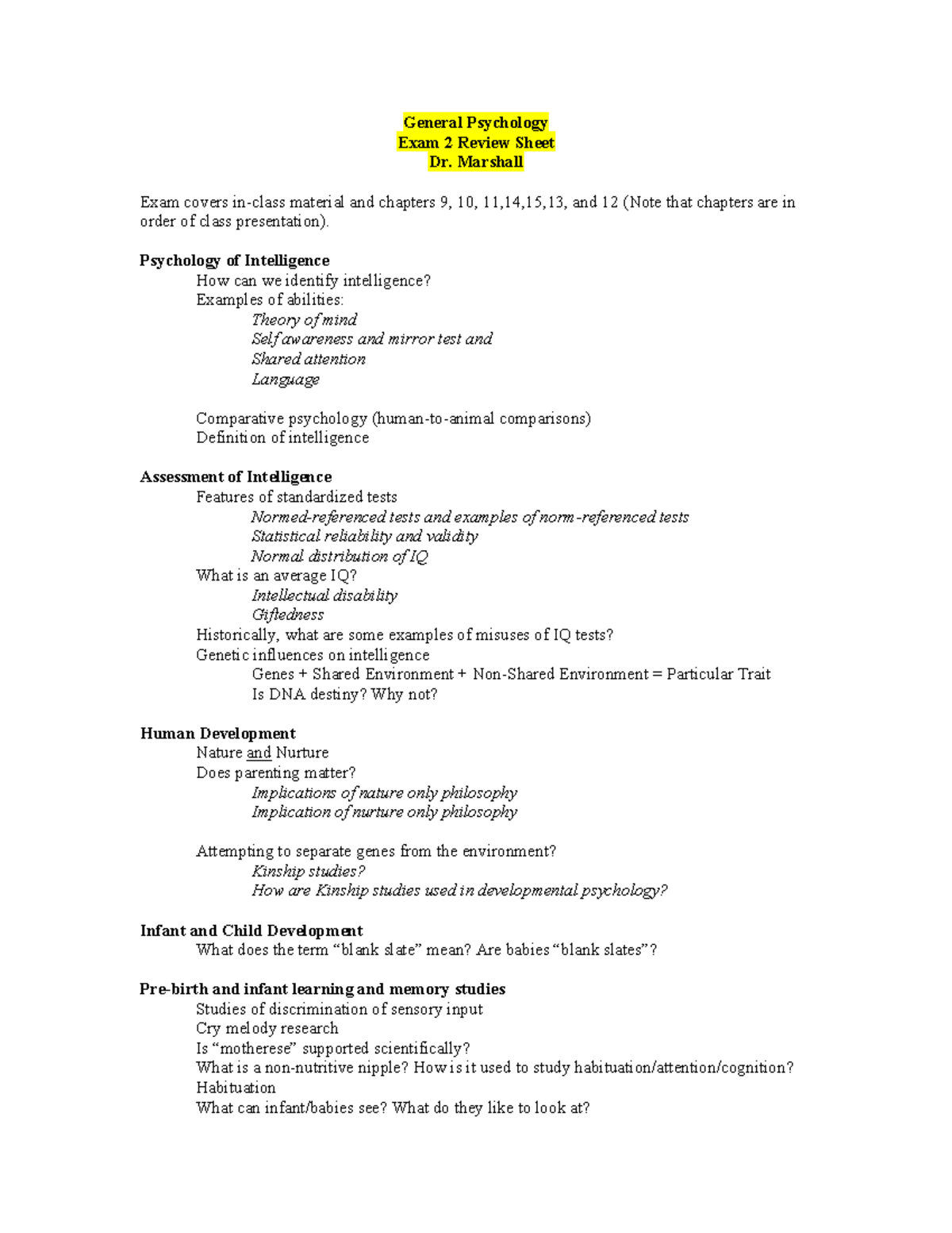 General Psychology Exam 2 Review Sheet - Studocu