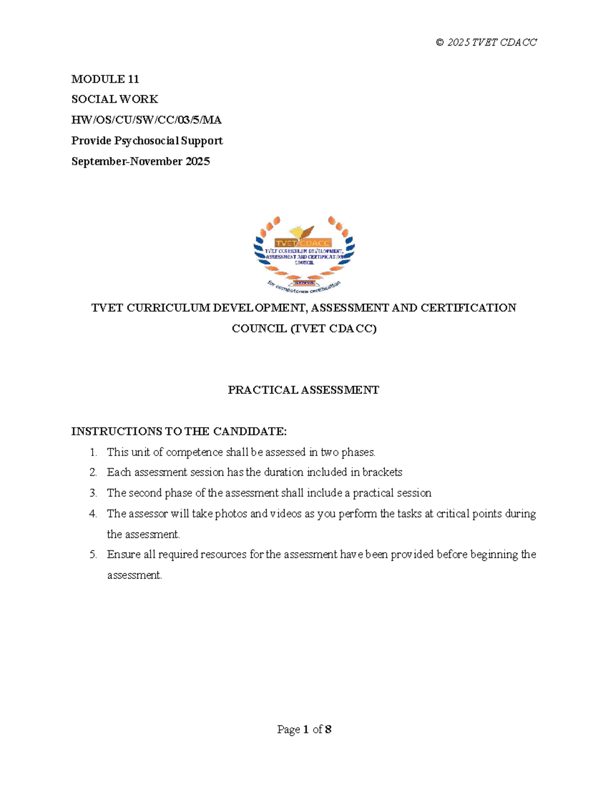 2025 TVET CDACC Module 11 Practical Checklist: Psychosocial Support ...