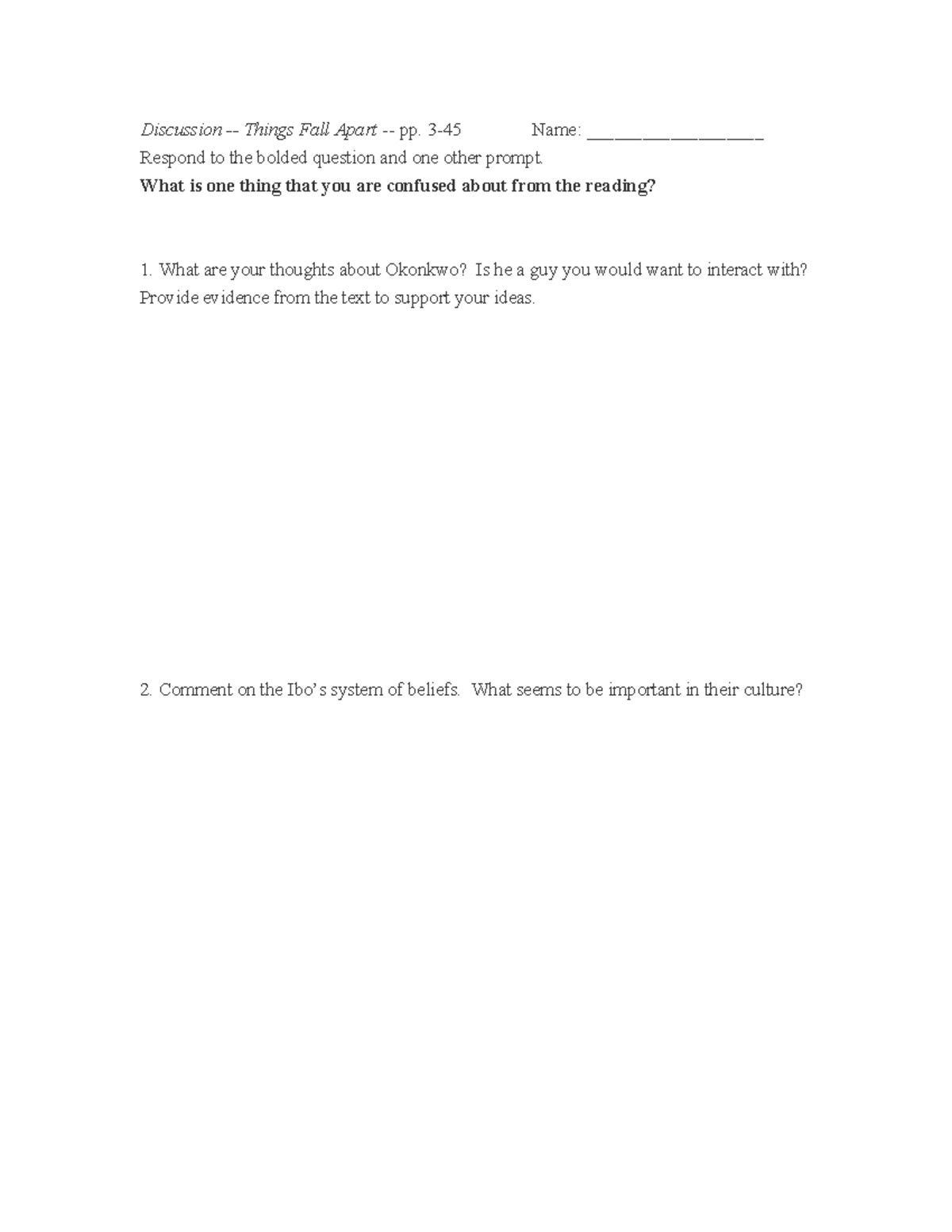 Things Fall Apart - Discussion Questions on Part 1 (pp. 3-45) 22-23 ...