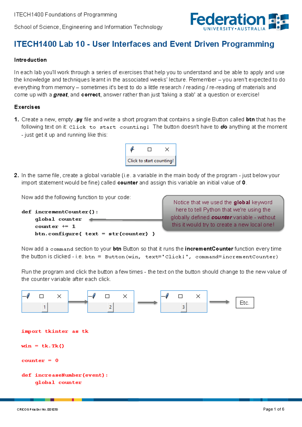 Lab 10 - ITECH1400 Answers on User Interfaces & Event Driven ...