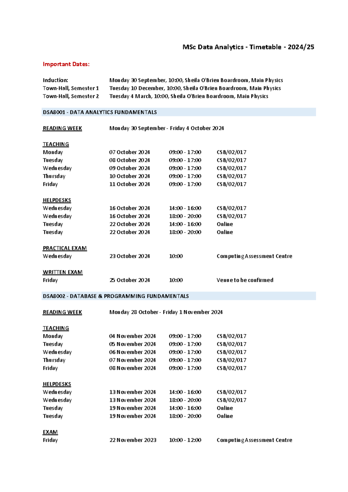 MSc Data Analytics Timetable 2024-25: Important Dates & Exams - Studocu