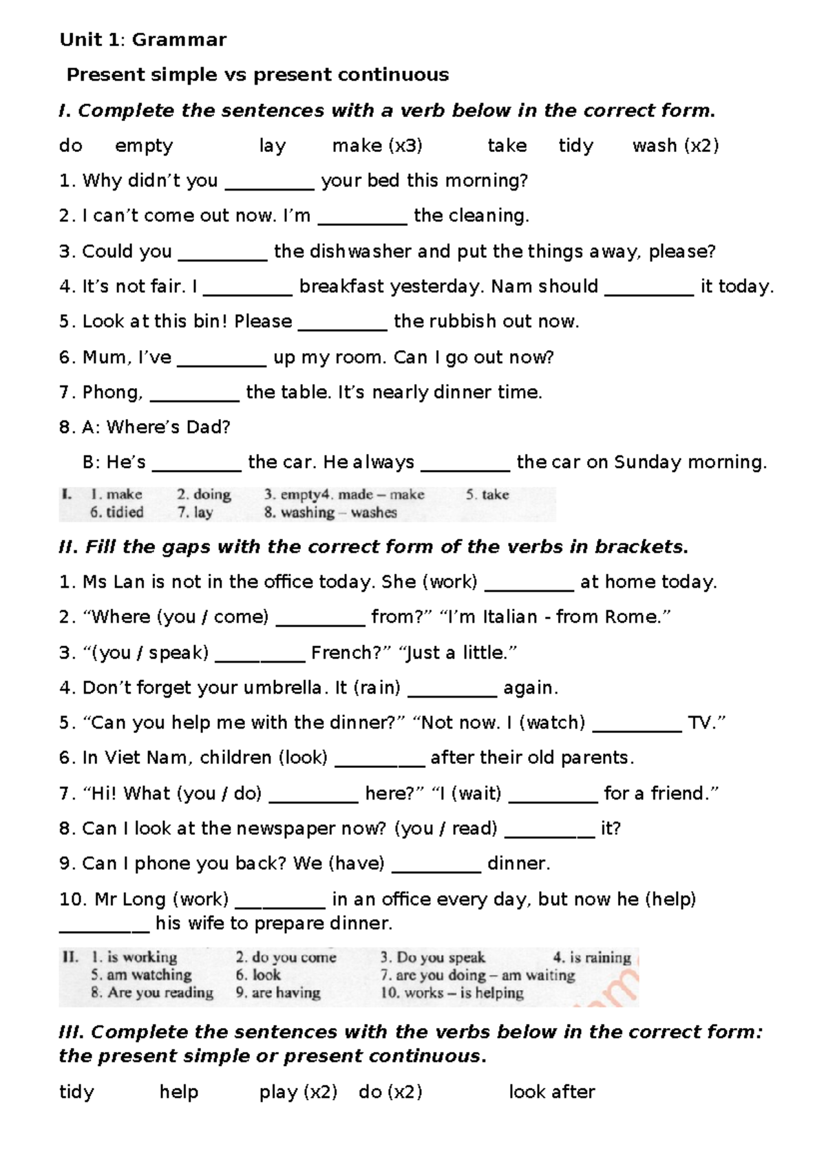 Unit 1: Grammar - Present Simple vs Present Continuous Exercises - Studocu