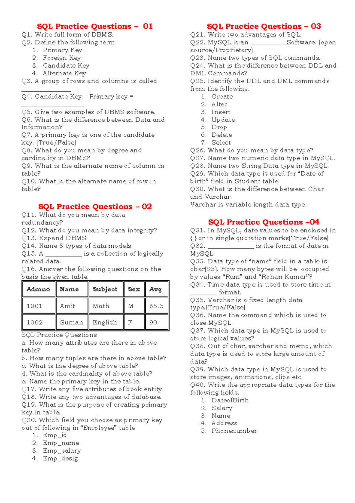 SQL Practice Questions and Exercises (MySQL) – Comprehensive Guide ...