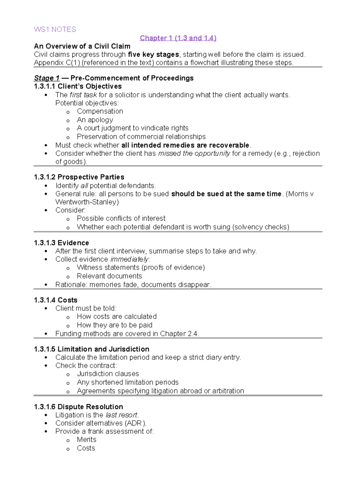 DR WS1 Chapter Notes: Overview of Civil Claims and ADR - Studocu