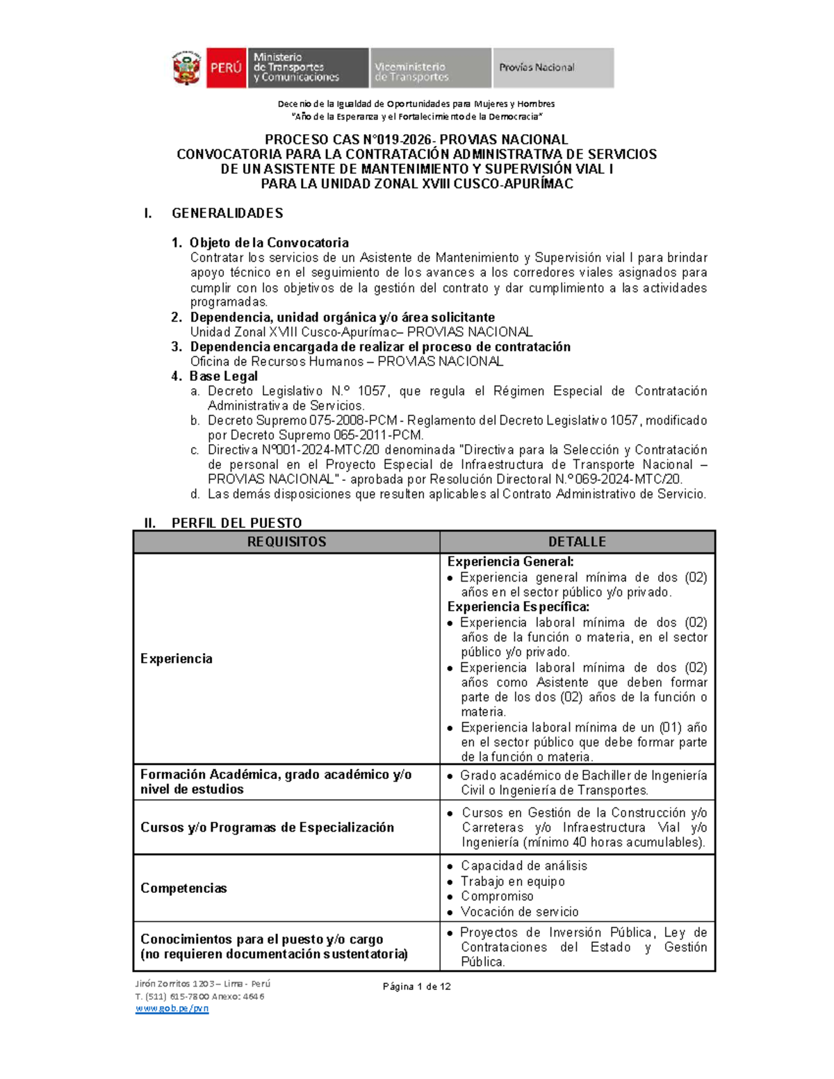 Bases CAS N°019-2026: Convocatoria para Asistente de Mantenimiento Vial ...