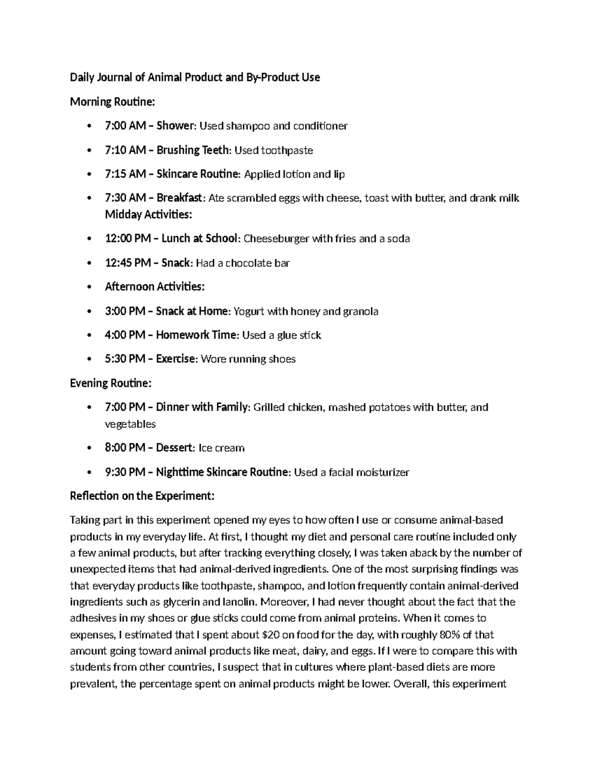 Daily Journal of Animal Product Use: Morning to Evening Routine - Studocu