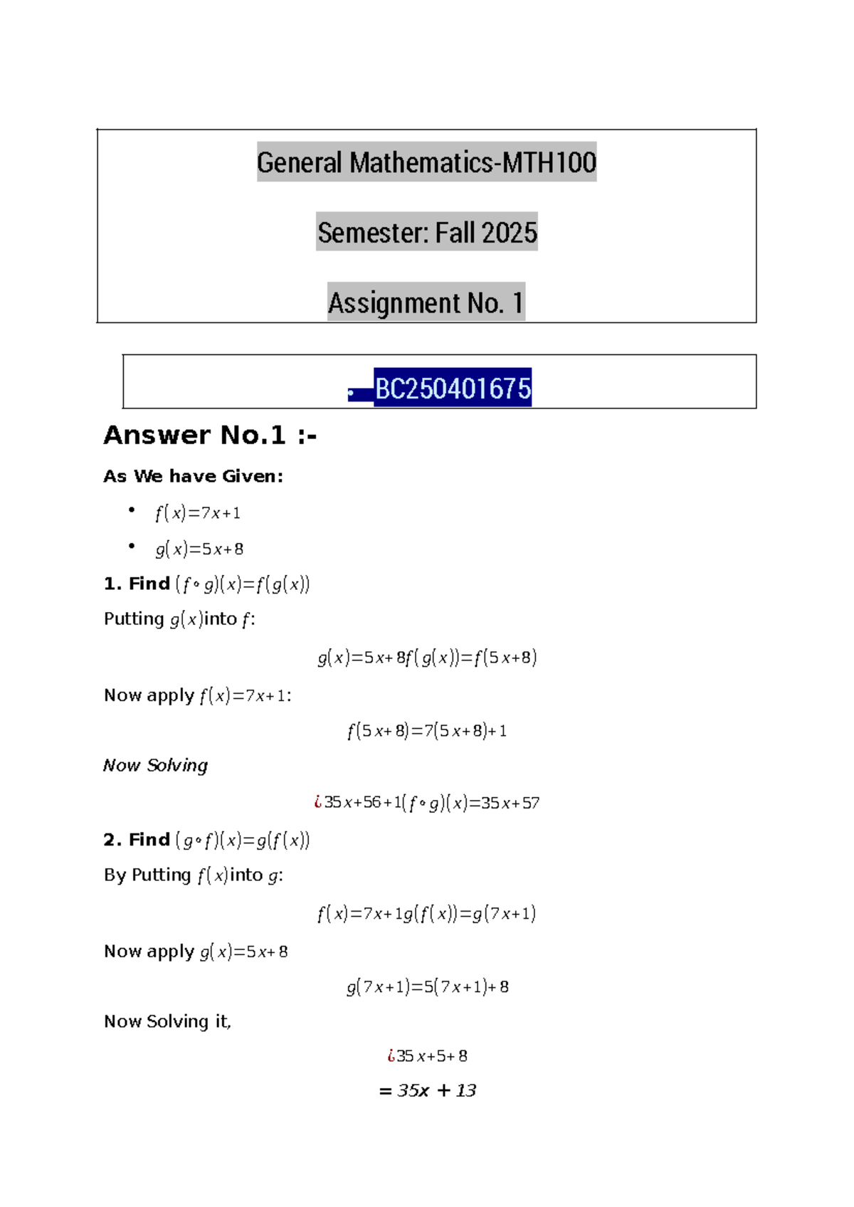 MTH 100 Assignment No. 1: Composite Functions & Domains Analysis - Studocu