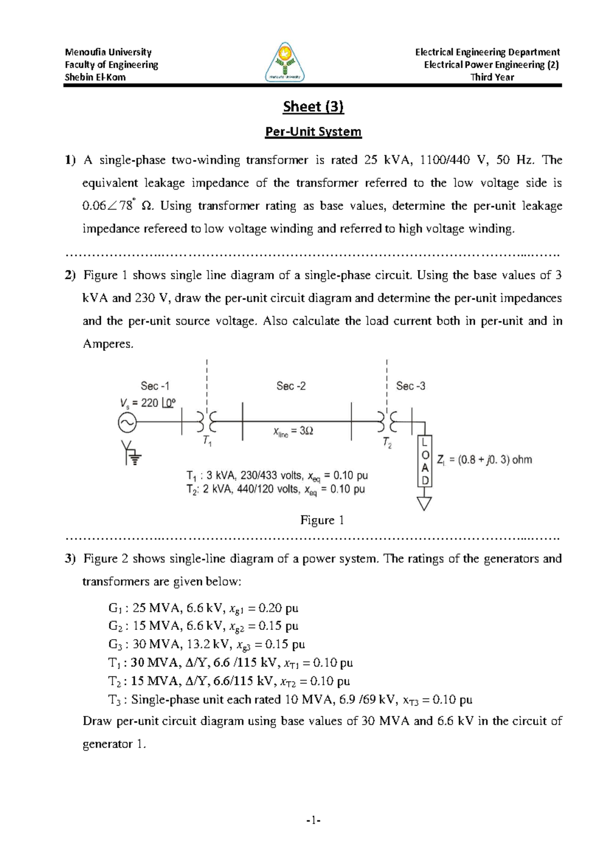 Electrical Power Engineering (2) Third Year - Sheet 3: Per Unit System ...