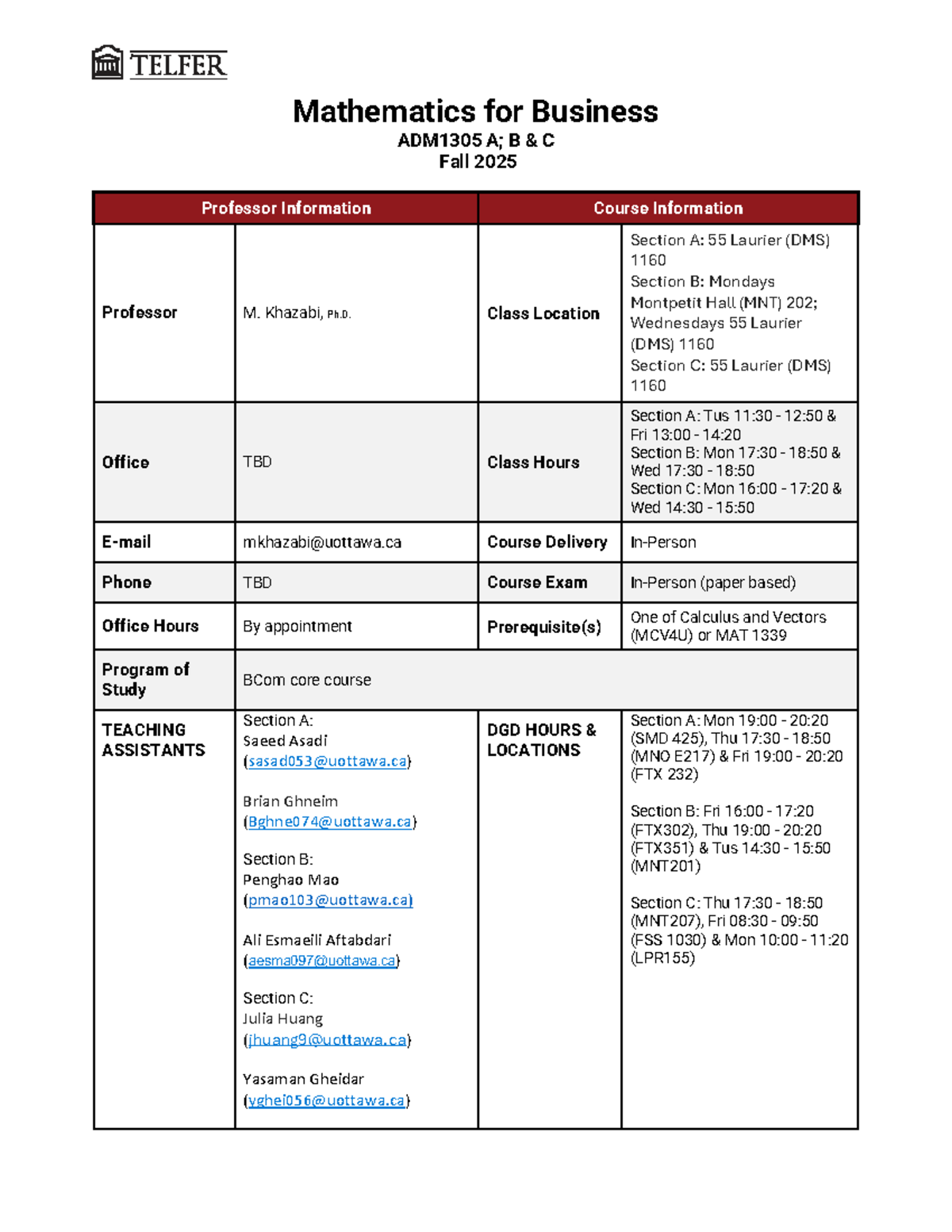 Mathematics for Business Syllabus - ADM1305 B C Fall 2025 - Studocu