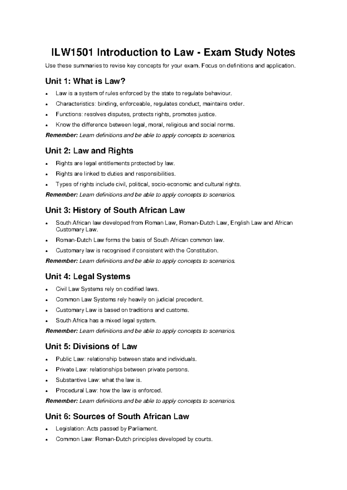 ILW1501 Final Exam Study Notes: Key Concepts in Law - Studocu