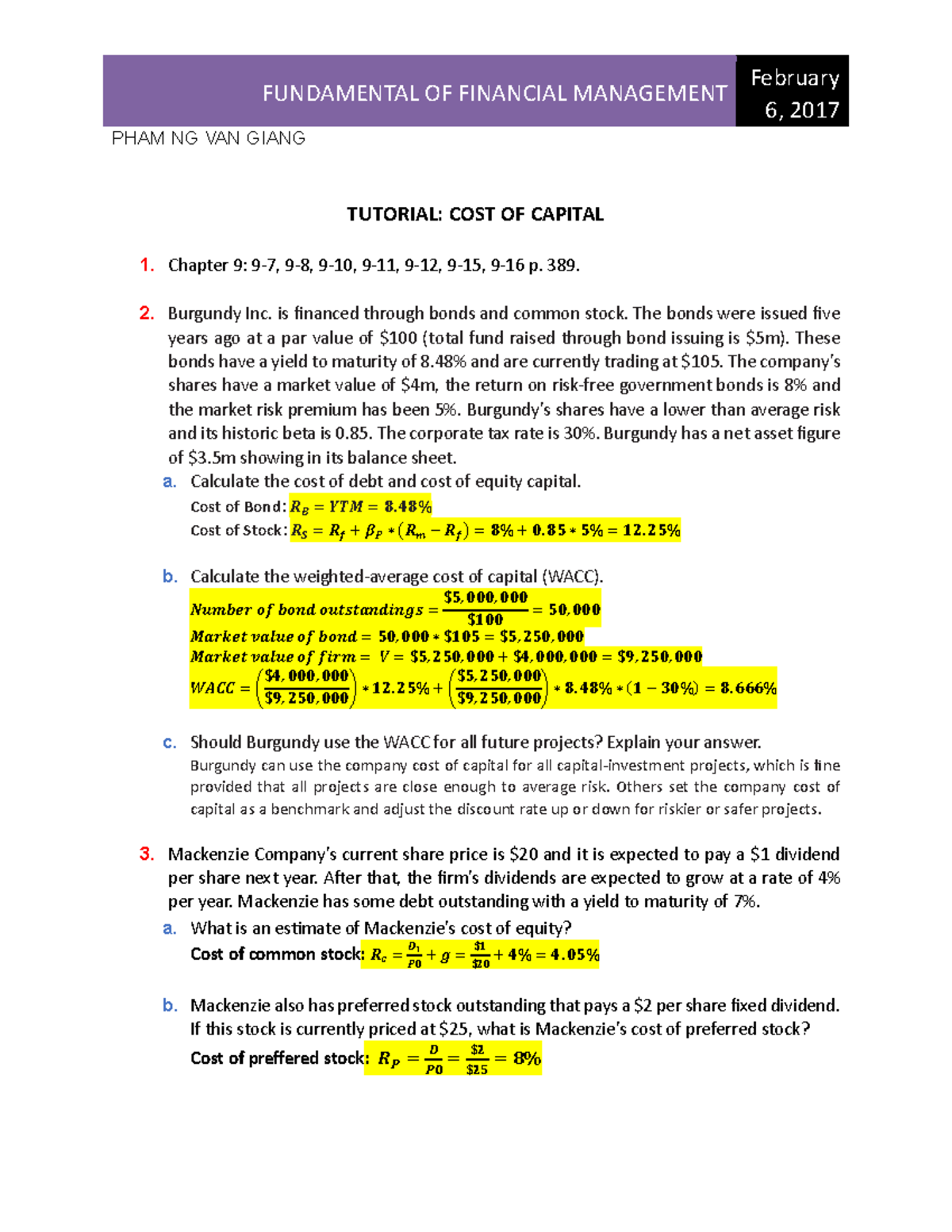 FUNDAMENTALS OF FINANCIAL MANAGEMENT (FIN 101) - Tutorial on Cost of ...