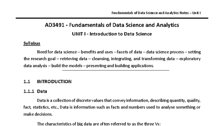 FDSA Unit I Introduction - AD3491 - Fundamentals of Data Science and ...