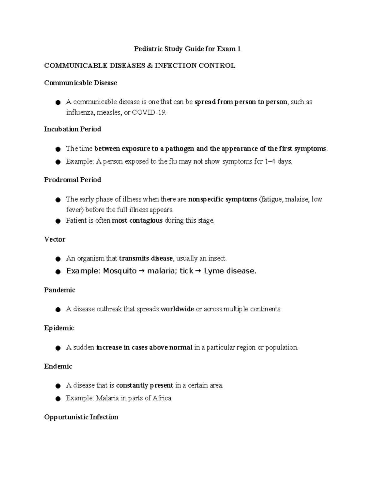 Pediatric Study Guide for Exam 1: Communicable Diseases & Infection ...