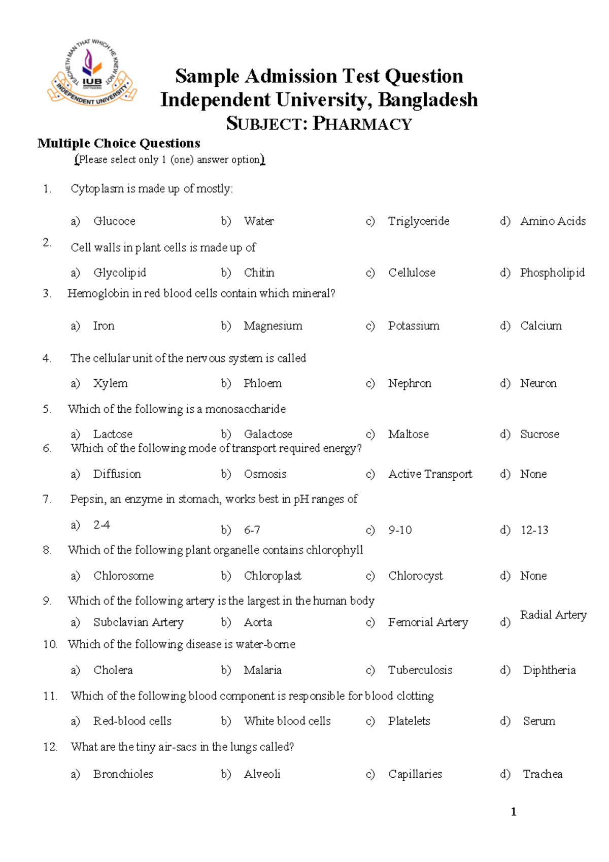Pharm Admission Test Sample Questions - 2022 - Studocu