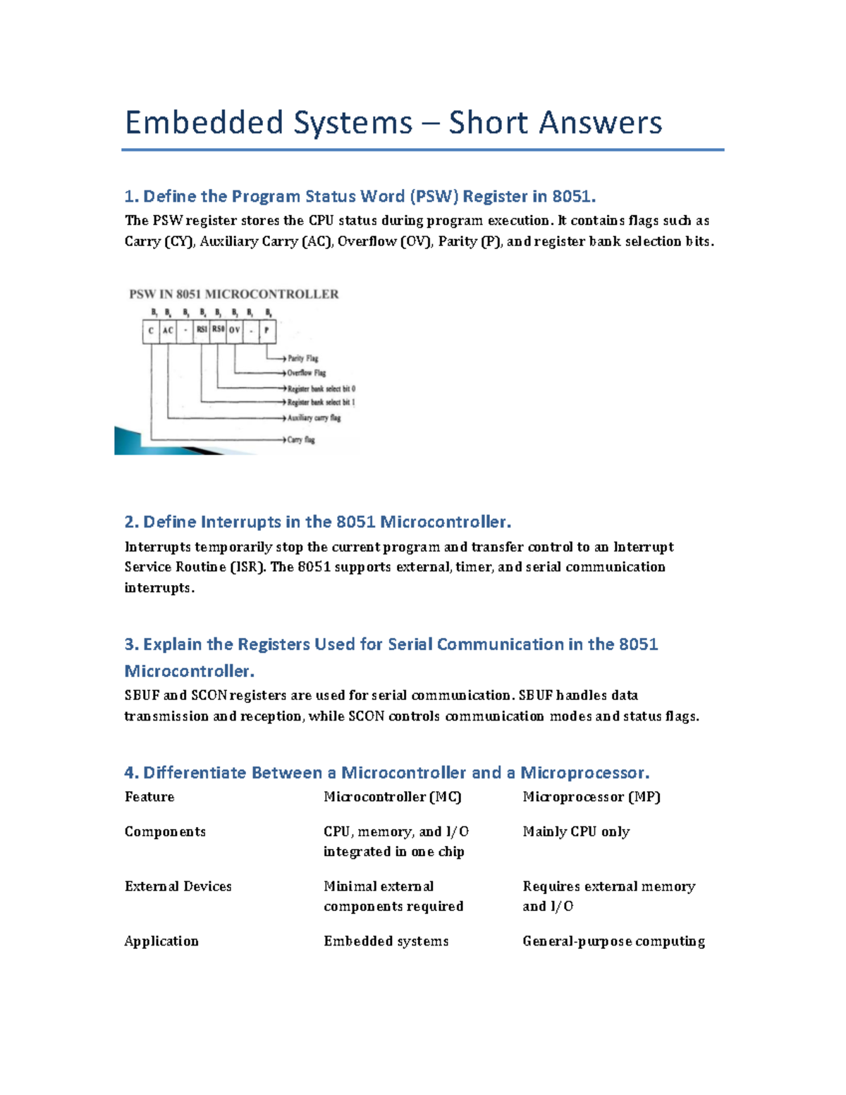 Embedded Systems Short Answers: Key Concepts and Definitions - Studocu