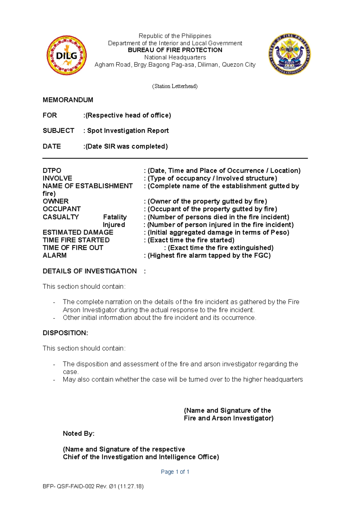 Spot Investigation Report Rev01 BFP-QSF-FAID-002 11.27 - Studocu