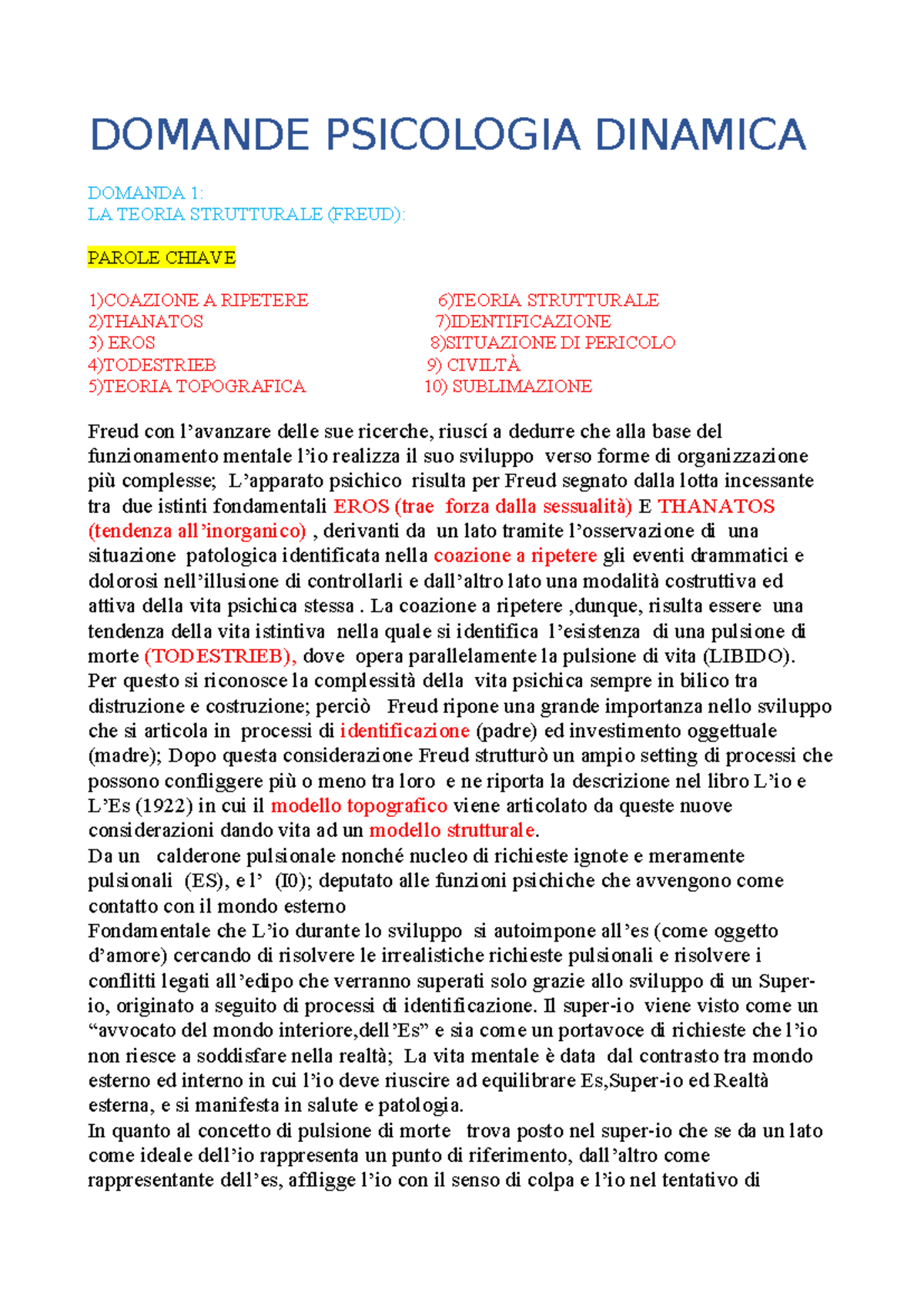 Domande di Psicologia Dinamica: Teorie e Concetti Fondamentali - Document Preview