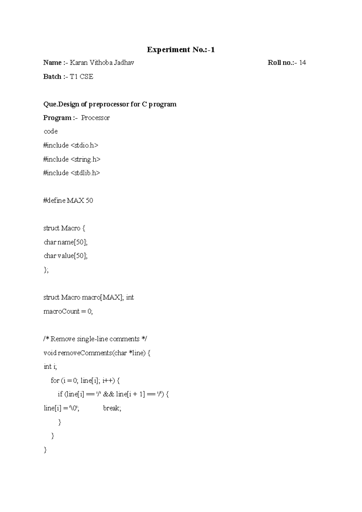 Experiment 1 - Compiler Construction for C Program Preprocessor - Studocu