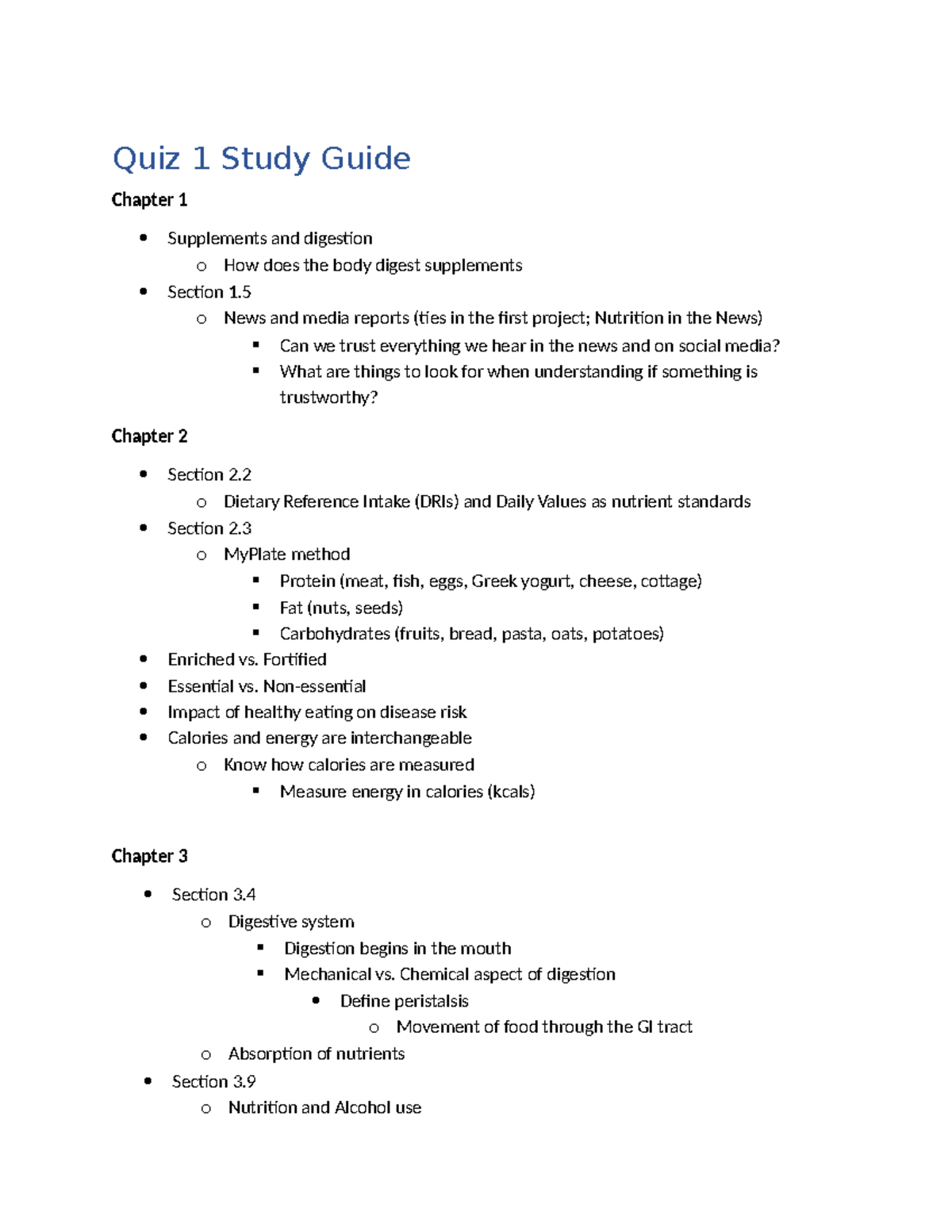 Quiz 1 Study Guide: Nutrition Fundamentals & Digestion Overview - Studocu