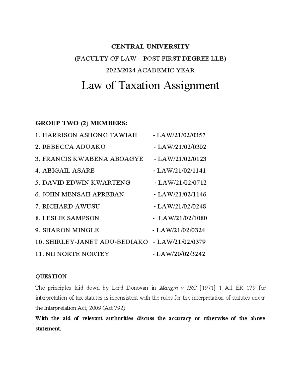 Law of Taxation Assignment - LLB 2023/2024 Academic Year - Studocu