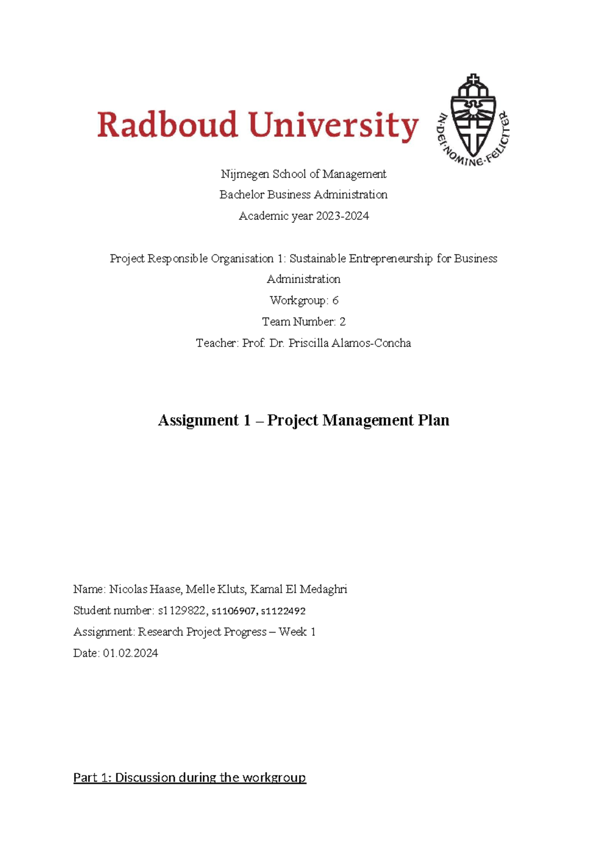 Assignment 1 - Project Management Plan for Sustainable Entrepreneurship ...