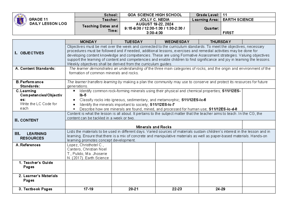DLL WEEK 4: Earth Science Lesson Plan for Grade 11 - Studocu