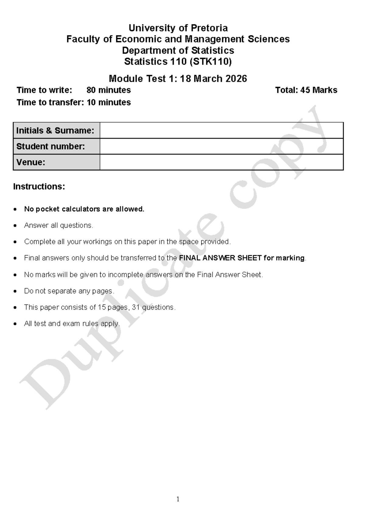STK110 - Statistics 110 Module Test 1 Guidelines and Questions 2026 ...