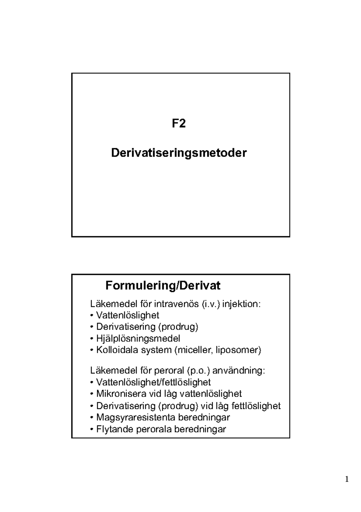 F2 Derivatiseringsmetoder för Läkemedel: i.v. och p.o. Användning - Studocu