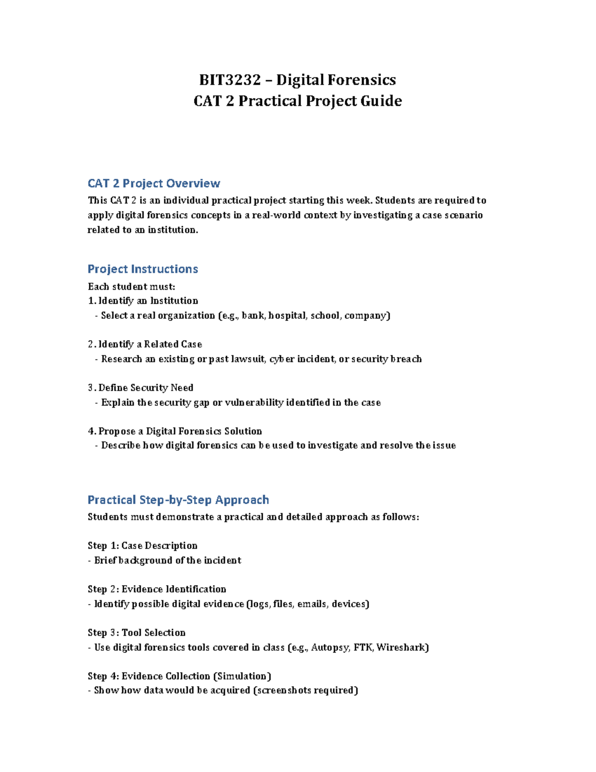 BIT3232 Digital Forensics CAT 2 Practical Project Overview - Studocu
