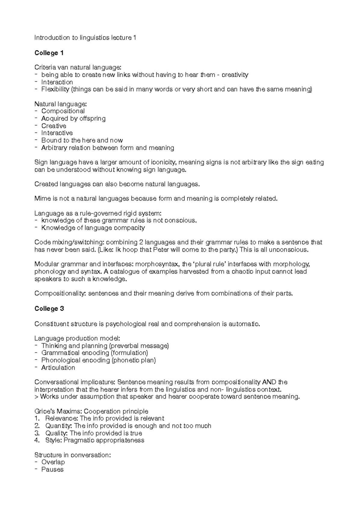 Introduction to Linguistics Lecture 1 Notes - College 1 - Studeersnel