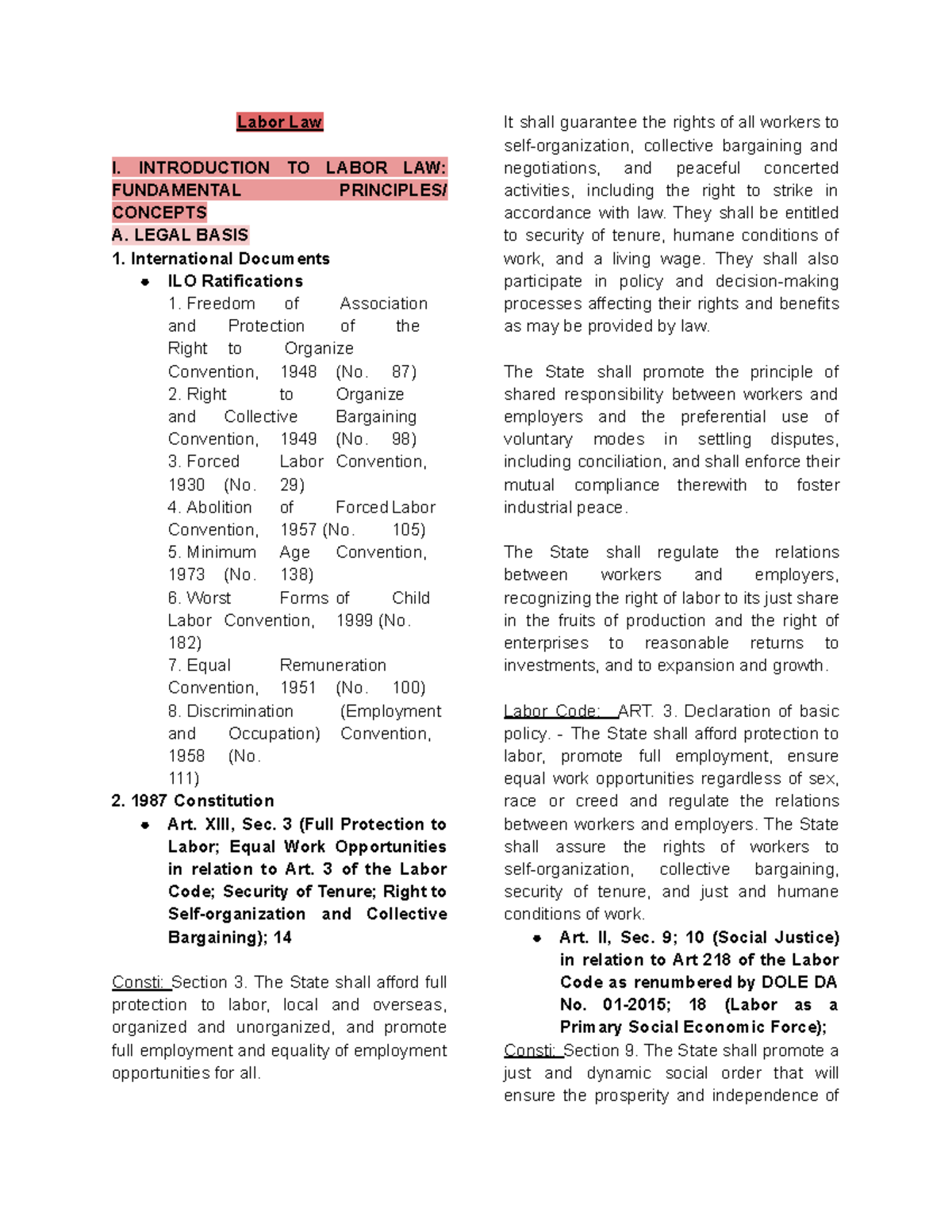 Labor Law Prelims Reviewer - International Legal Framework 1987 - Studocu