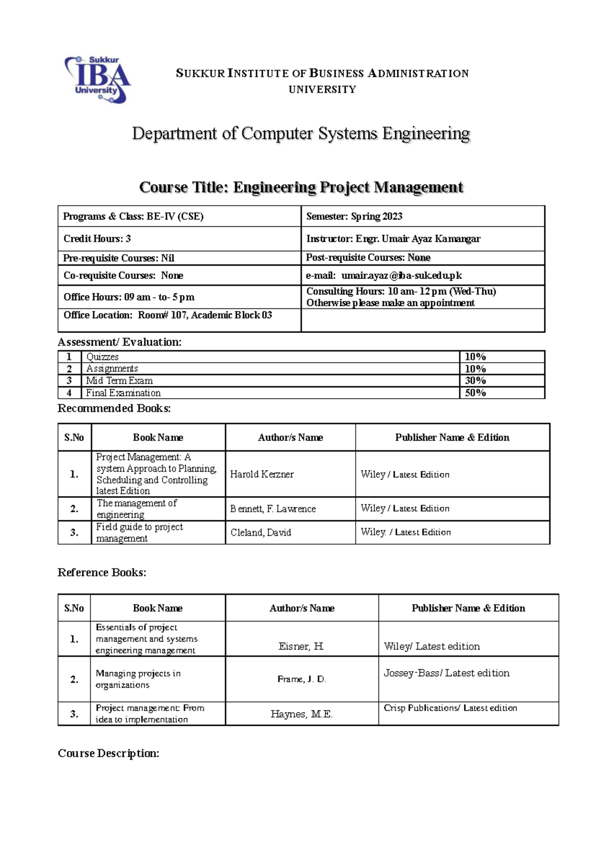 CSE-304 Engineering Project Management Course Outline - Spring 2023 ...