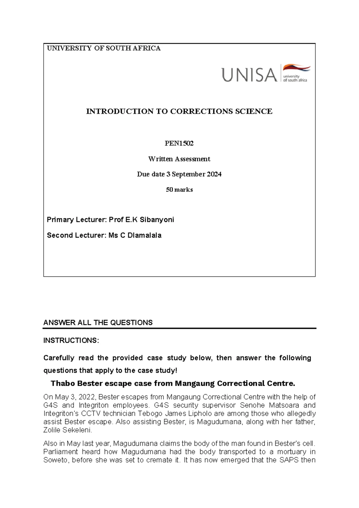 Introduction to Correctional Science - Name: Tenyeko Mosikili Module ...