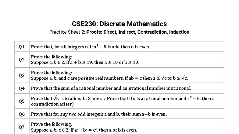 Problemset 2 Proofs Direct, Indirect, Contradiction, Induction - CSE230 ...