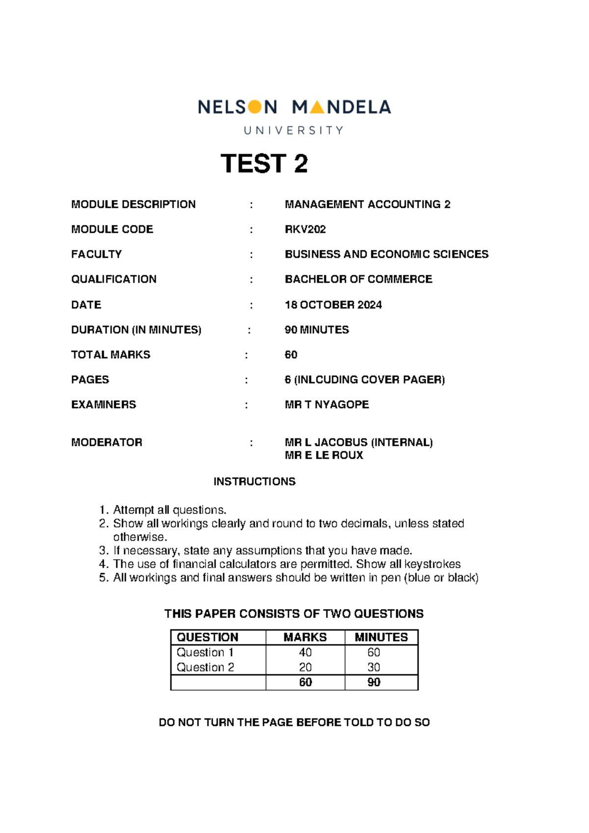 RKV202 Test 2 - 2024 Question Paper - TEST 2 MODULE DESCRIPTION ...