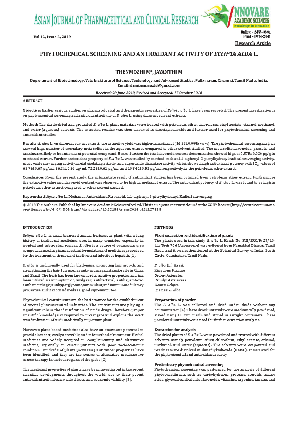 Phytochemical Screening and Antioxidant Activity of Eclipta alba L ...