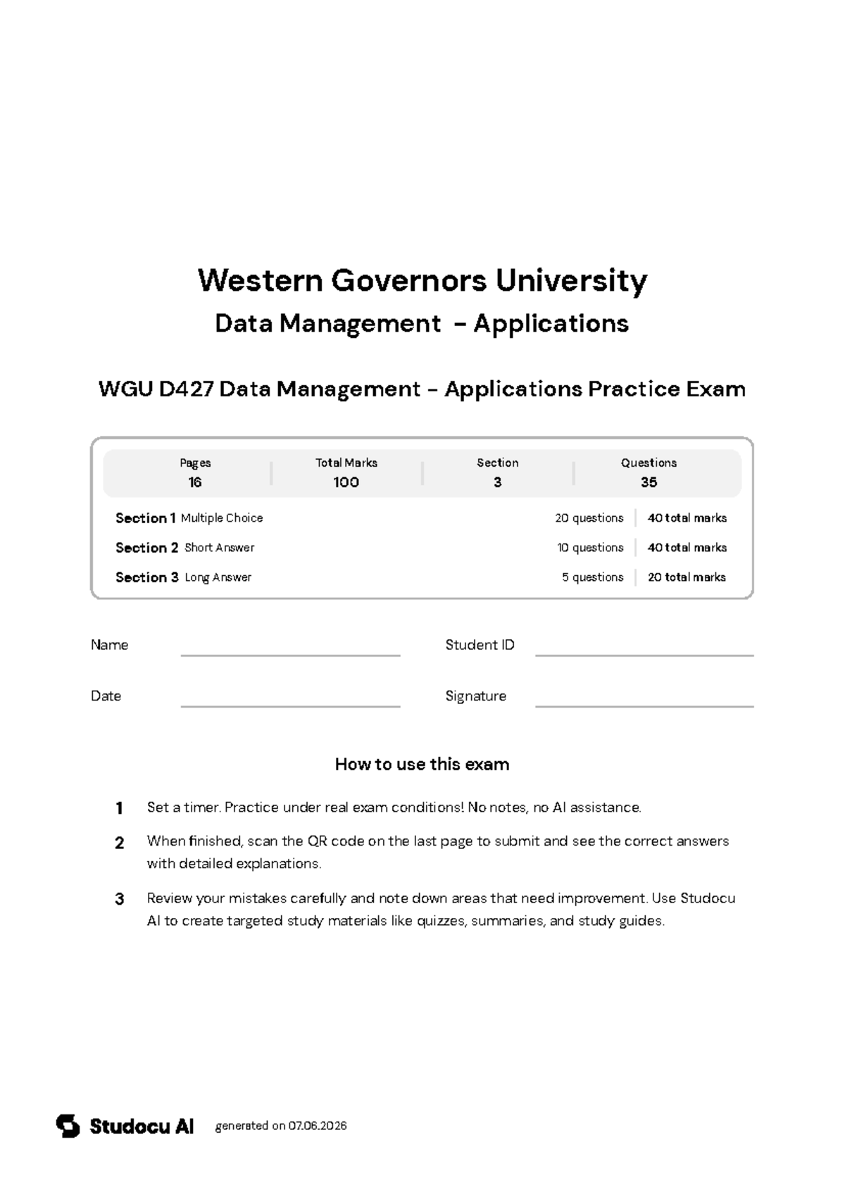 WGU D427 Data Management - Applications Practice Exam - Studocu