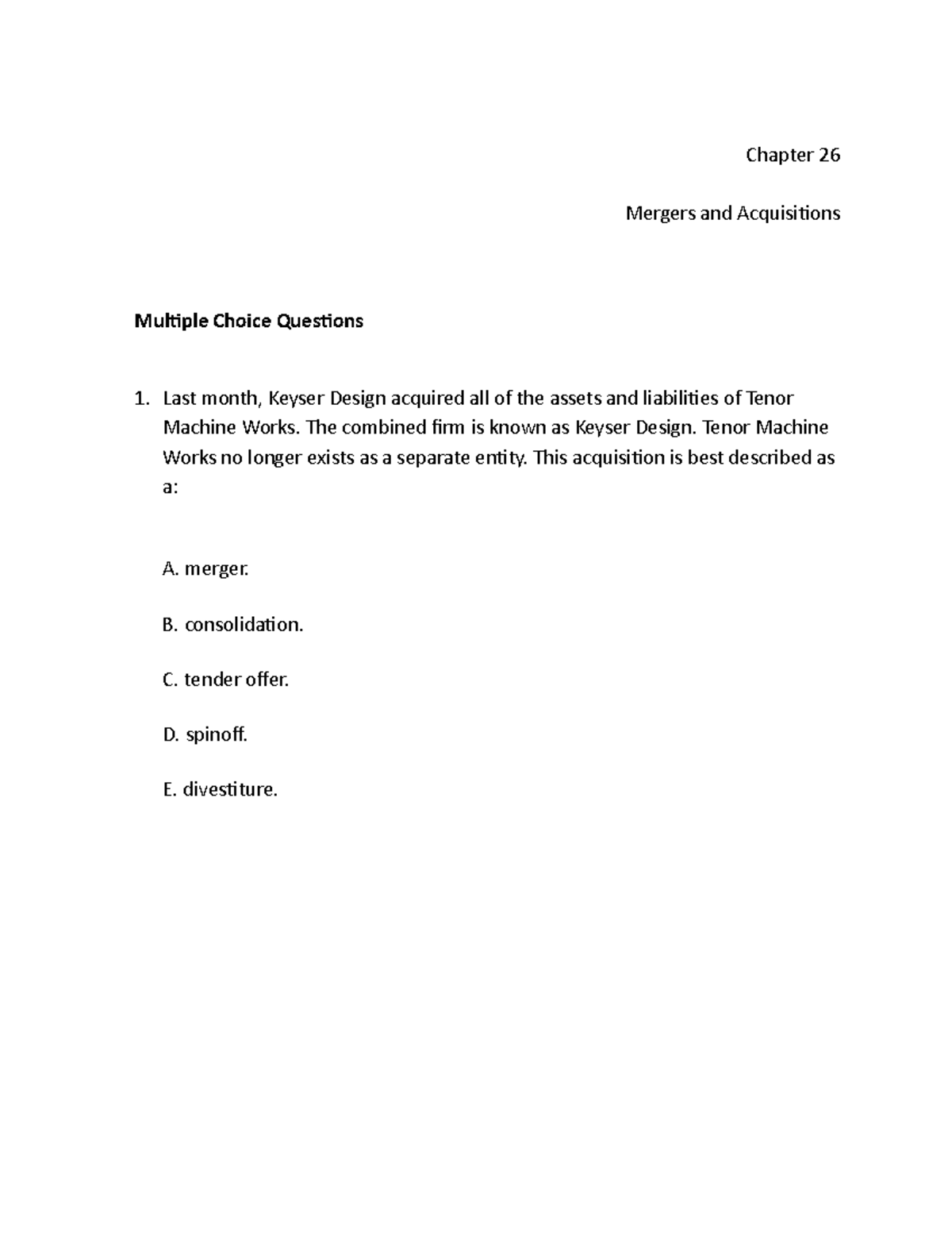 Chap026 - Mergers and Acquisitions MCQs in Corporate Finance - Studocu