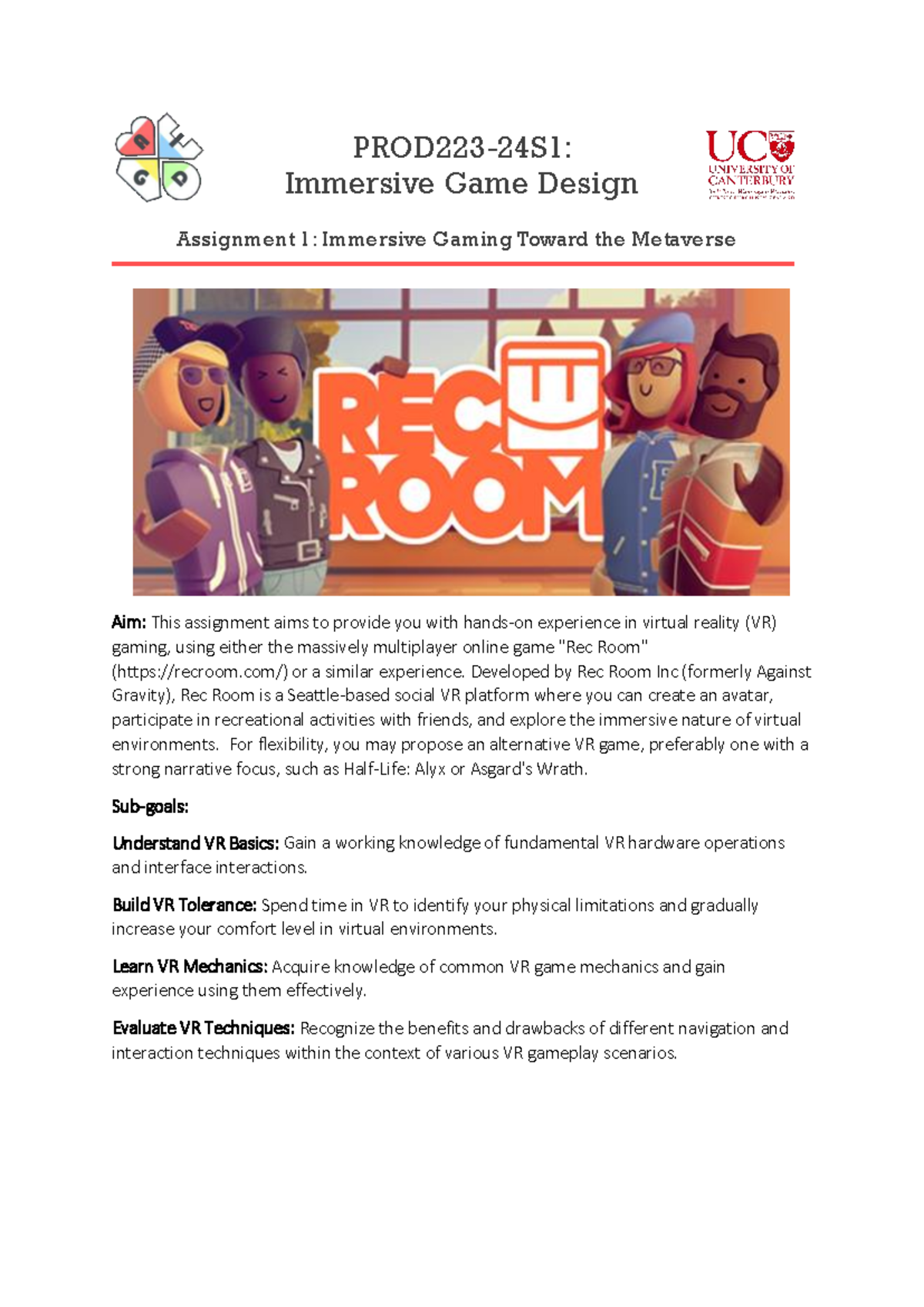 PROD223-24S1 Assignment 1: Immersive Game Design in VR Gaming - Studocu