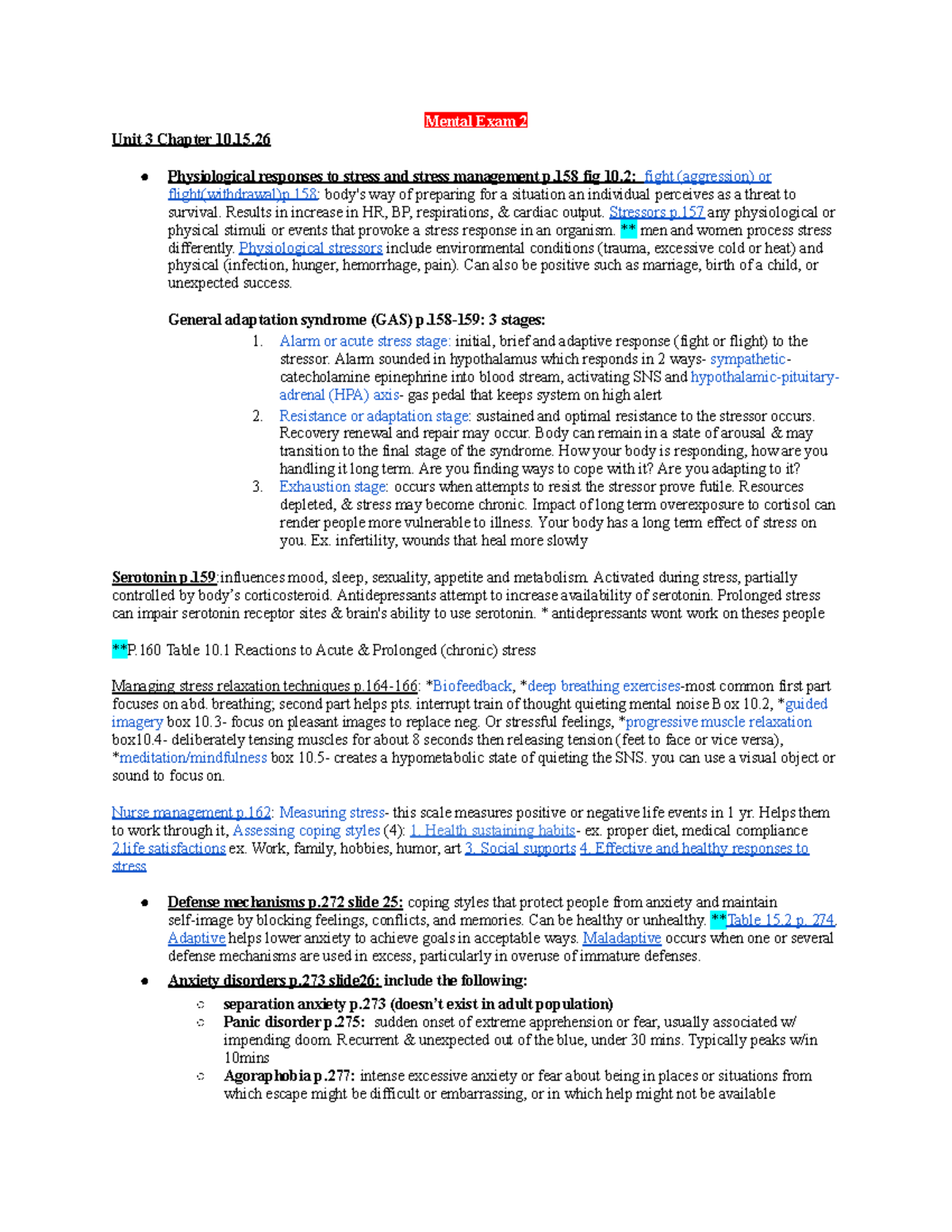 Mental Exam 2 review 1 - summaries - Mental Exam 2 Unit 3 Chapter 10,15 ...