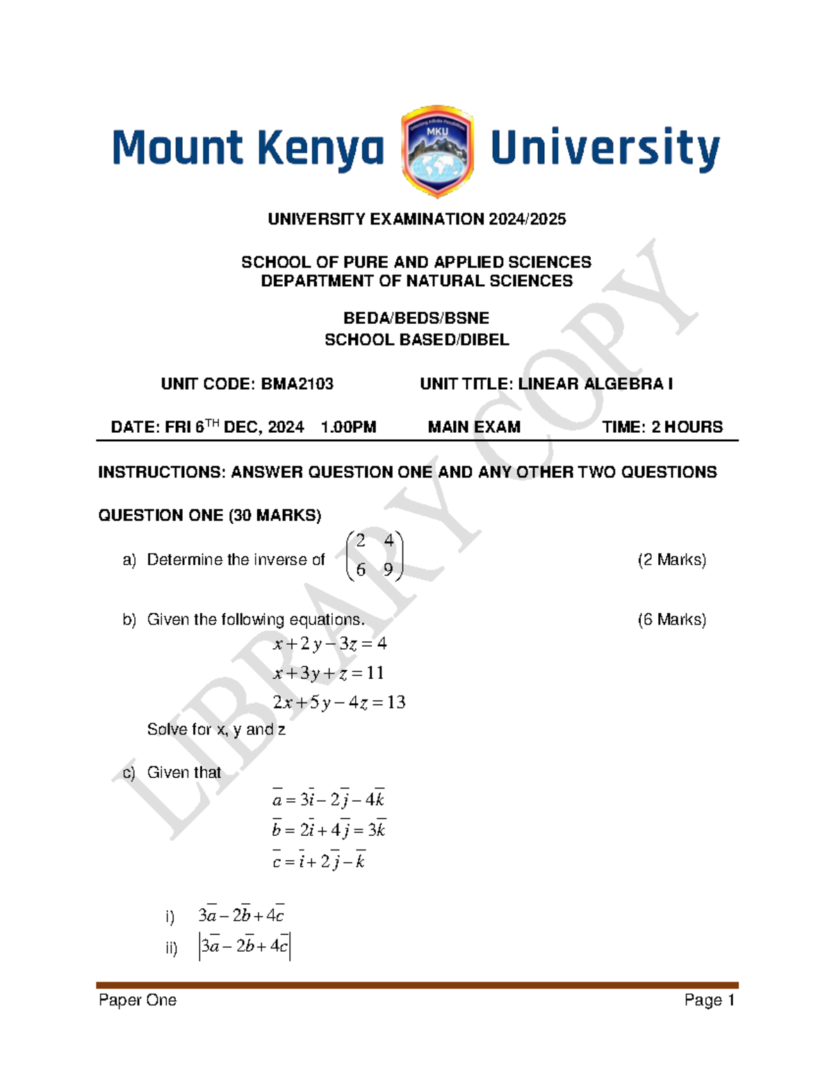 BMA2103 Final Exam: Linear Algebra I Questions and Solutions - Studocu