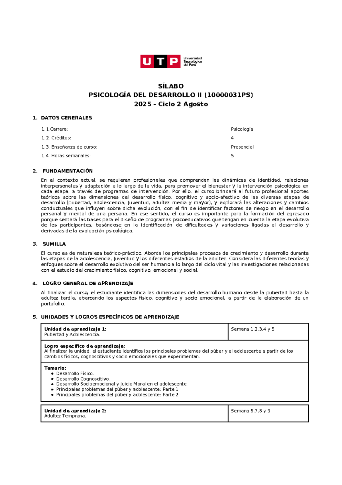 Sílabo PSICOLOGÍA DEL DESARROLLO II - Ciclo 2, 2025 - Document Preview