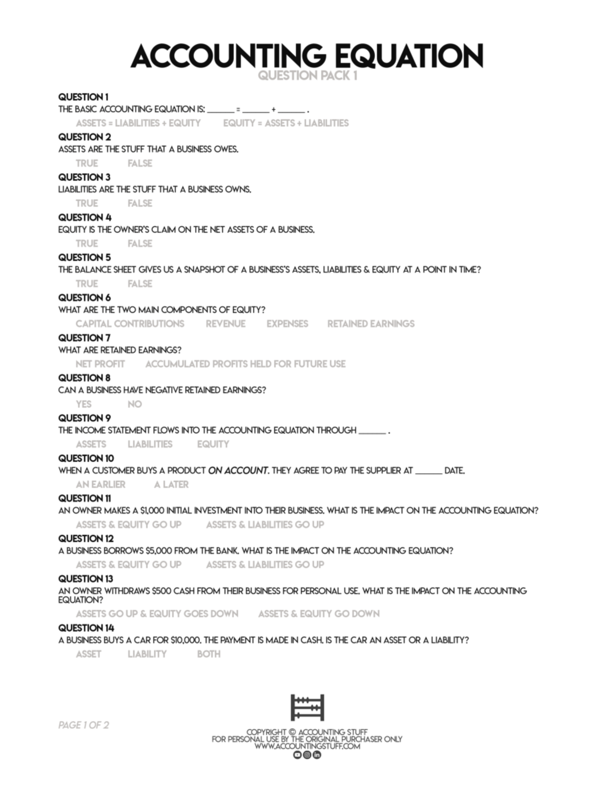 Accounting Equation Question Pack 1 - ACCOUNTING EQUATION QUESTION PACK ...
