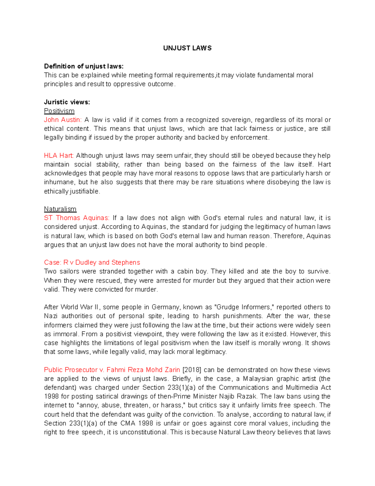 Juris TEST Notes - UNJUST LAWS Definition of unjust laws: This can be ...
