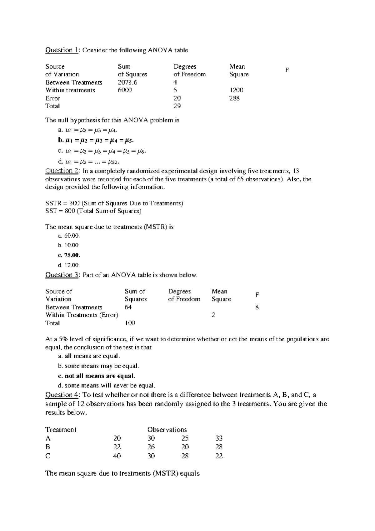 Quiz 3: ANOVA and Regression Analysis Questions and Solutions - Studocu