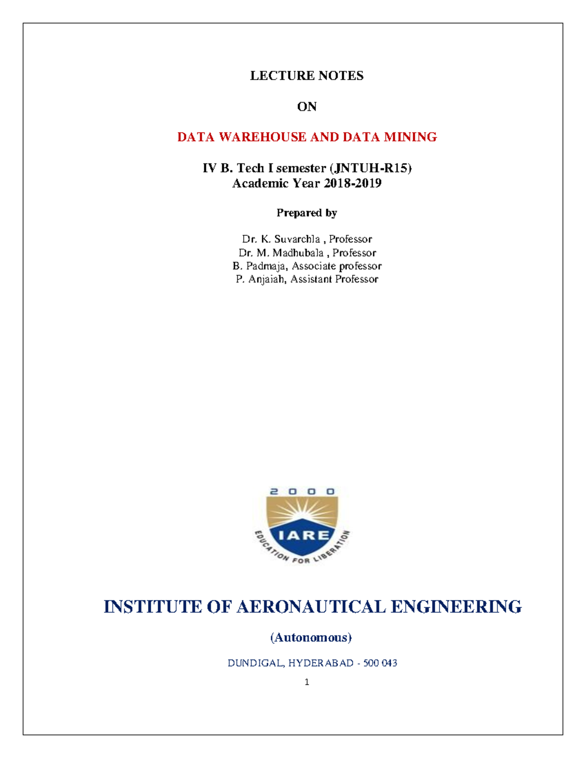 DWDM- Lecturenotes - LECTURE NOTES ON DATA WAREHOUSE AND DATA MINING IV ...