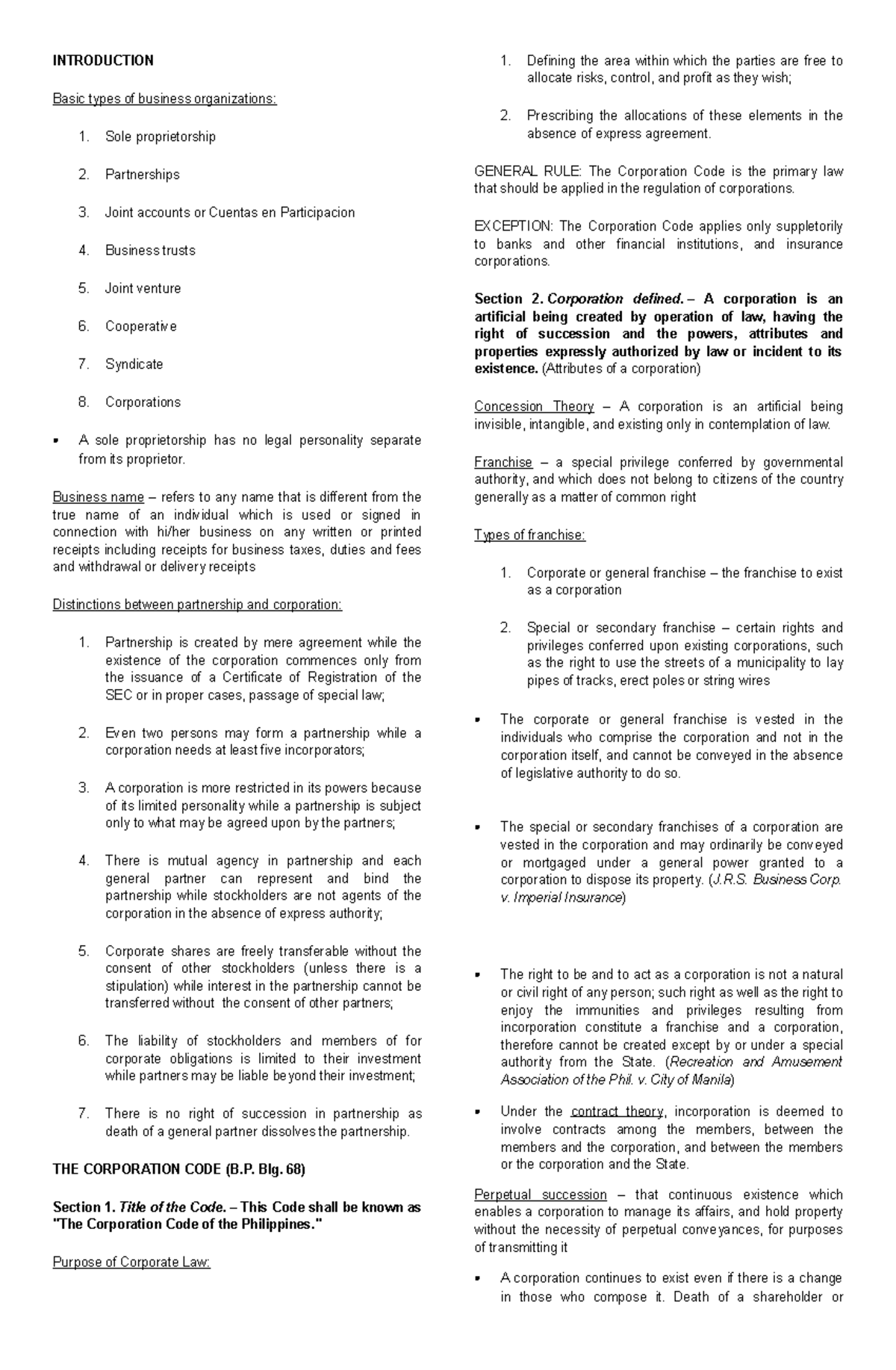Corporation Law Notes (CORP101) - Key Concepts and Theories - Studocu