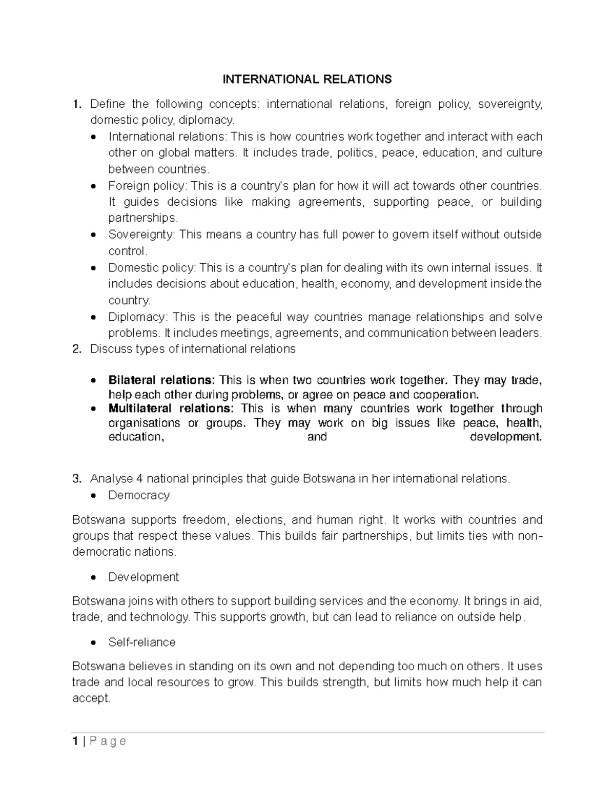 International Relations 101: Key Concepts and Botswana's Role - Studocu