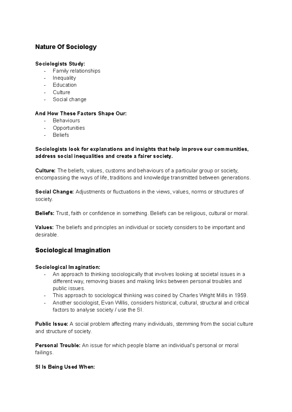 Sociology Unit One Area Of Study One Notes - Nature Of Sociology ...