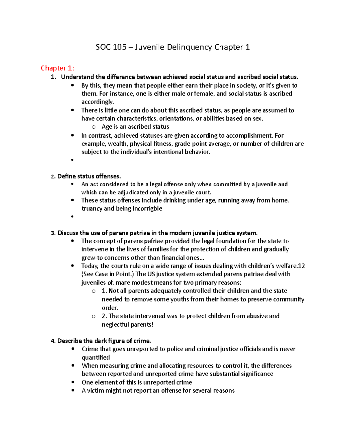 SOC 105 Chapter 1 Notes - Introduction to Juvenile Delinquency - Studocu